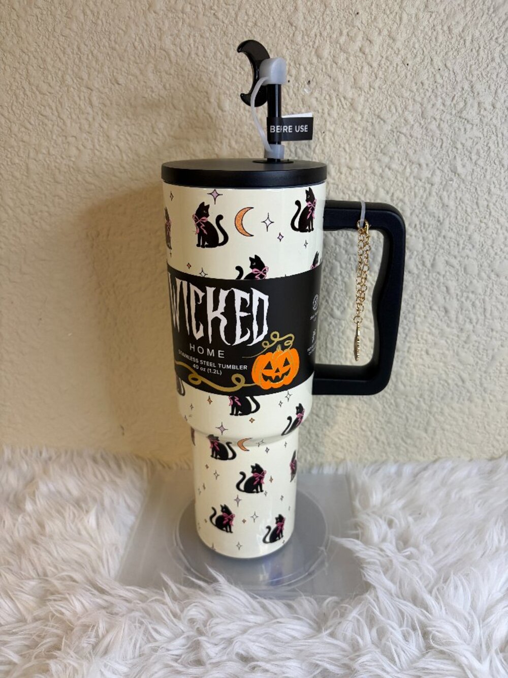 Wicked Home Halloween Black Cat 40 oz Tumbler Pink Bow Moon Charm NWT